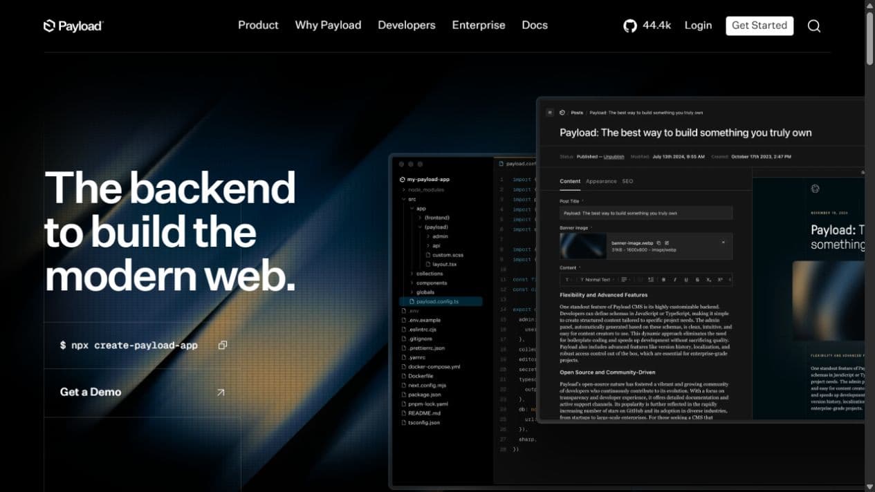 Produktová stránka systému Payload CMS